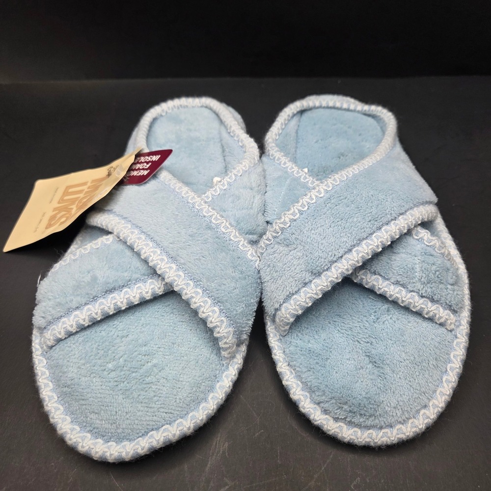 Muk Luks Slippers Women Small 5-6 Blue Faux Fur Memory Foam Criss Cross Slide